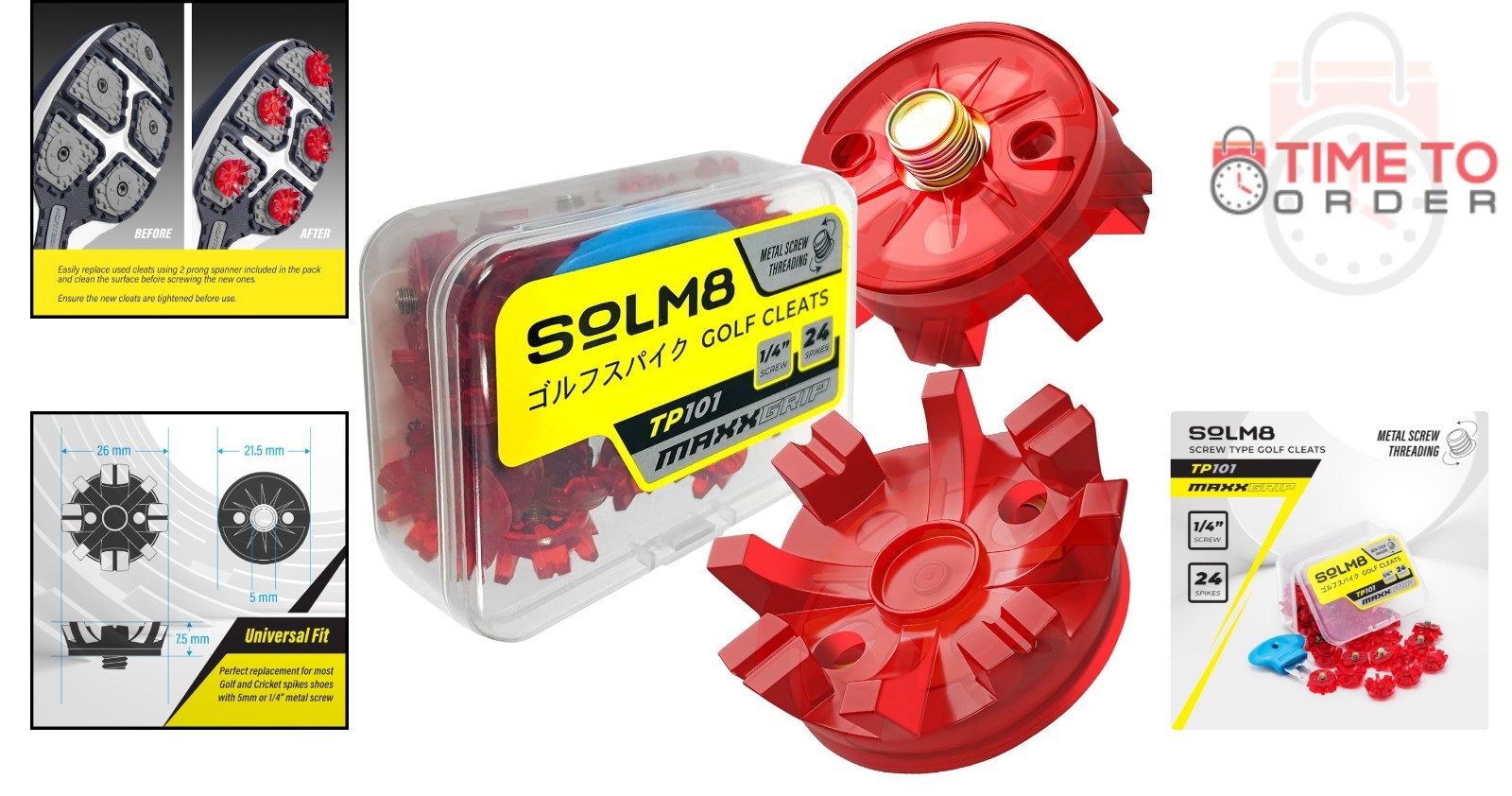 Golf Shoe Spikes Replacement Metal Screw Threading ¼ Inch 24 Pcs with Spanner