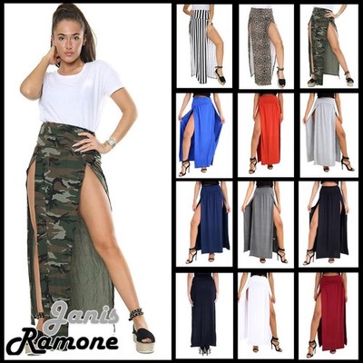 Womens Maxi Skirt Double Split High Waisted Side Slit Plain Summer