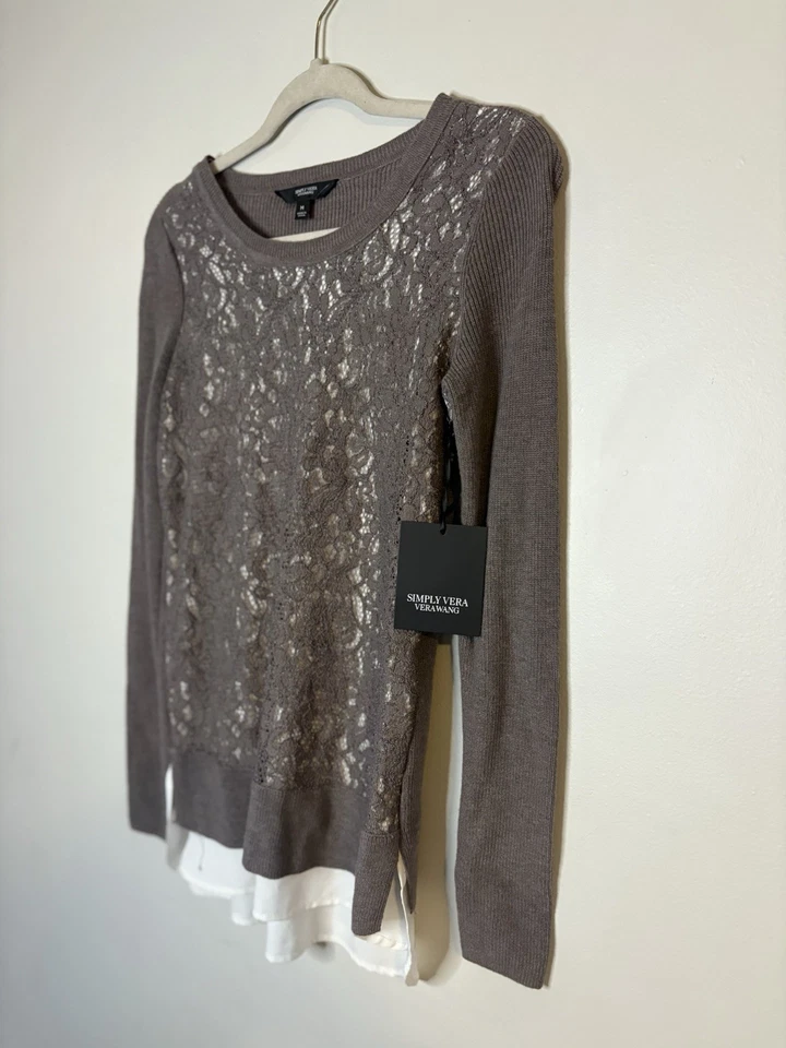 Suéter de mujer SimplyVera Vera Wang gris de encaje en capas manga larga, talla M Foto 4 de 4