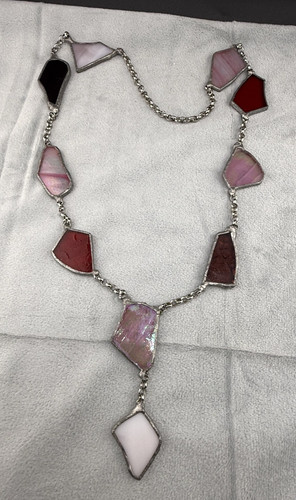 Stained Glass Necklace Pendant Pink Red Silver Tone 30"