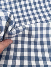 1 YD Vtg Cornflower Blue Cream Medium PLAID Check UPHOLSTERY FABRIC Farmhouse