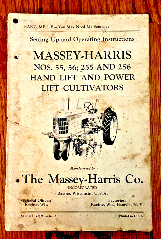 Massey Harris 1942 nos 55 56 255 & 256 Cultivator operation manual