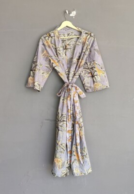 Indian Grey Giraffe Tiger Cotton Robe Long Kimono Sleepwear Night Kimono Robes