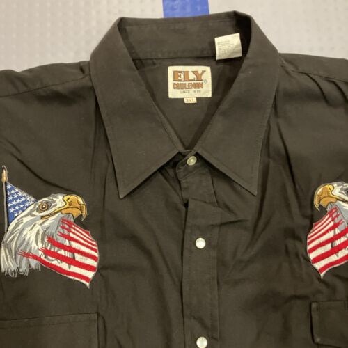 Ely Cattleman Shirt Mens 3XL Black Pearl Snap American Flag Eagle Western Gaucho - Picture 2 of 16