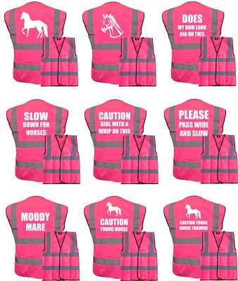 BROOK HI VIS HORSE RIDING HI VIS PINK VEST WHITE TEXT WAISTCOAT, EQUESTRIAN, PASS WIDE & SLOW