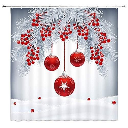 Red Christmas Ball Shower Curtain Merry Christmas Snowfield Winter