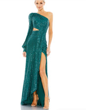 MAC DUGGAL 26730 SEQUINED ONE SHOULDER TEAL CUTOUT SIDES THIGH SLIT  GOWN sz 4