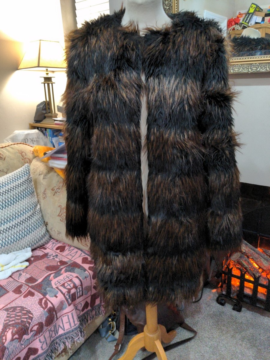 M&S Lovely Black Brown Striped Faux Fur Collarless Over Coat Size UK 10