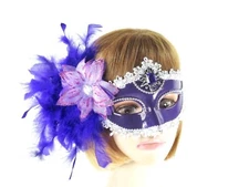 Purple Mardi Gras Costume Party Society Mask Feathers Crystals Red Hat Lady