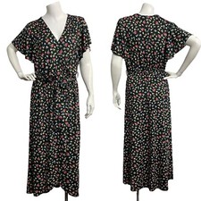 Suzanne Betro Dress Womens Black Floral Faux Wrap High Low Size Large Fin Sleeve