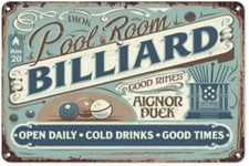 Billiard Room Pool Room Vintage Tin Sign, 8X12 Inch Retro Metal Wall Decor for G
