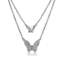 DOUBLE CHAIN BUTTERFLY NECKLACE PENDANT W/ LAB ACCENTS /925 STERLING SILVER