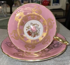 AYNSLEY JA Bailey Signed Athens Pink & Gold Rose Teacup #1543 vtg