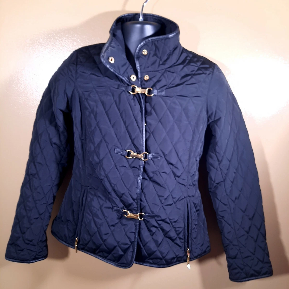 Women s Jones New York Puffer Black Gold Button Down Jacket Size XS Petite