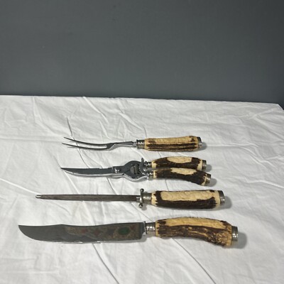 Vintage Anton Wingen Jr 4 pc Carving Knife Set Stag Horn Solingen Rostfrei D
