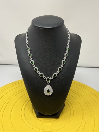 Sterling Silver Genuine Emerald and Crystal Choker Pendant Necklace 28g 18 In - Picture 3 of 10