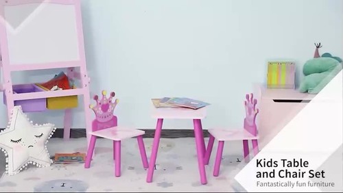 HOMCOM 3 Pcs Kids Princess & Crown Chair Table Set Home Furniture 2-4 Yrs Pink - Video 1 of 1