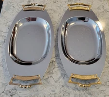 Vintage KROMEX Serving Tray Bread Platter Chrome Brass Handles 14 x 7  Set of 2