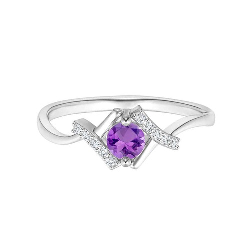 5 MM Solitaire Amethyst Bypass Women Ring 925 Sterling Silver with Side Accents - Picture 1 of 6
