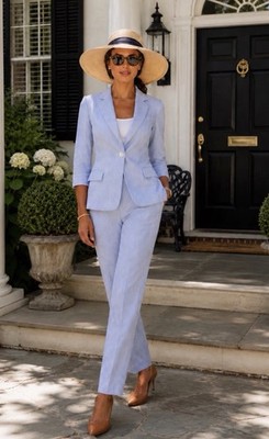Talbots Pant Suit Size Petite 6P Vintage Seersucker 28  Waist Blue White READ