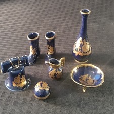 Limoges Cobalt Blue and Gold Miniatures Courting Couple Set Of 7 Pieces