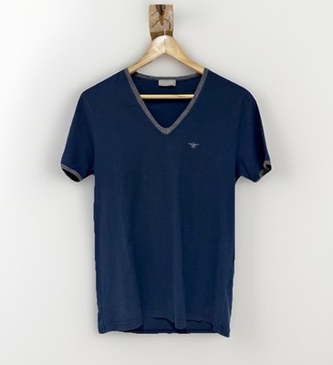 Christian Dior Herren T-Shirt dunkelblau & grau Kontrast bestickt Biene V-Ausschnitt 48