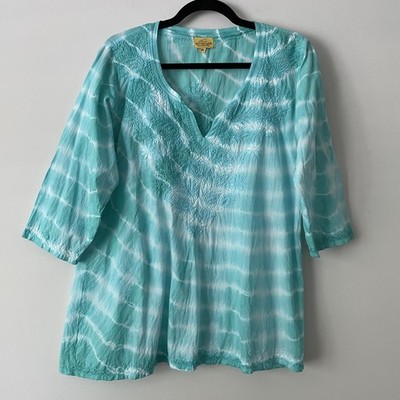 Roberta Roller Rabbit Embroidered Tie Dye Cotton Tunic Top XL Boho Resort Beachy