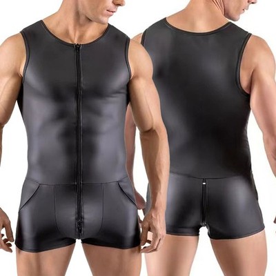 Lackleder ärmellos Overall für Herren sexy Clubwear Kostüm schwarz