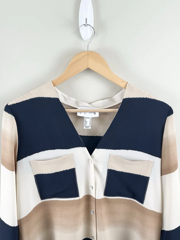 Blusa para mujer Joseph Ribkoff a rayas azul marino beige blanco camisa espalda abierta dividida talla 8 Foto 4 de 4