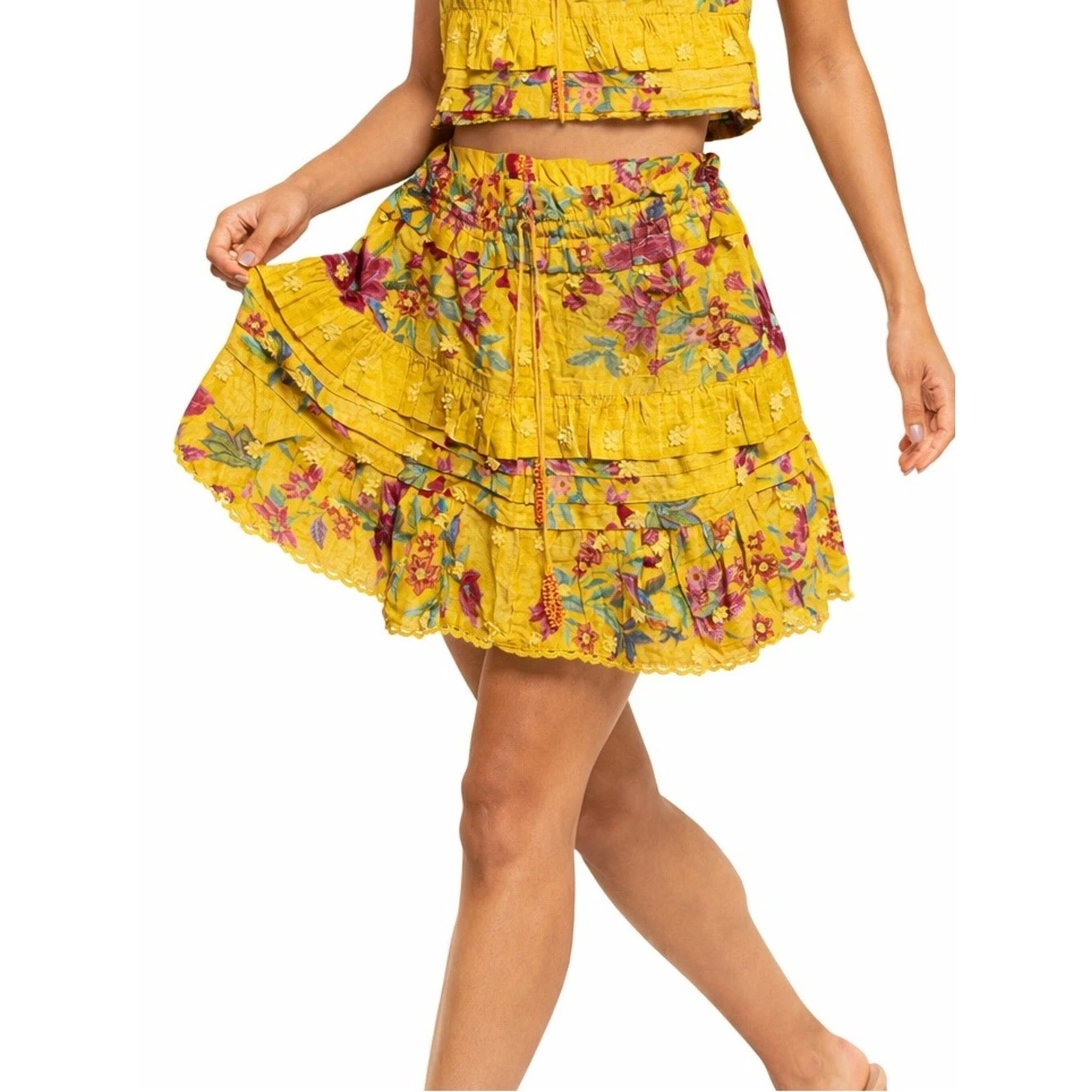 FARM Rio Yellow Floral Tiered Mini Dream Skirt Small Boho Ruffle Eyelet Small