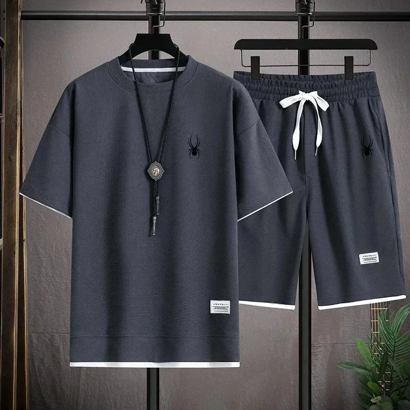 Summer Men's Two Pieces Set Linen Casual T-Shirt & Shorts Set Mens Sports Suit