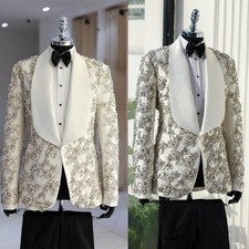 Men White Applique Suit Single Breasted Tuxedo Shawl Lapel Jacket Custom Wedding