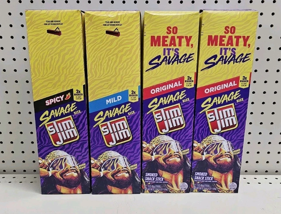 MACHO MAN RANDY SAVAGE Slim Jim Display Collector Como Nuevo con 4-12pk Palos Salvaje  Foto 2 de 4