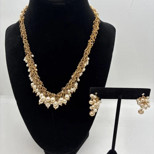 Vintage Miriam Haskell Gold Pearl Necklace Earrings Set Signed