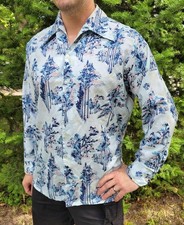 Vtg 70s Richman Bros Blue Psychedelic Tree Print Button Down Top Shirt Men's 17"
