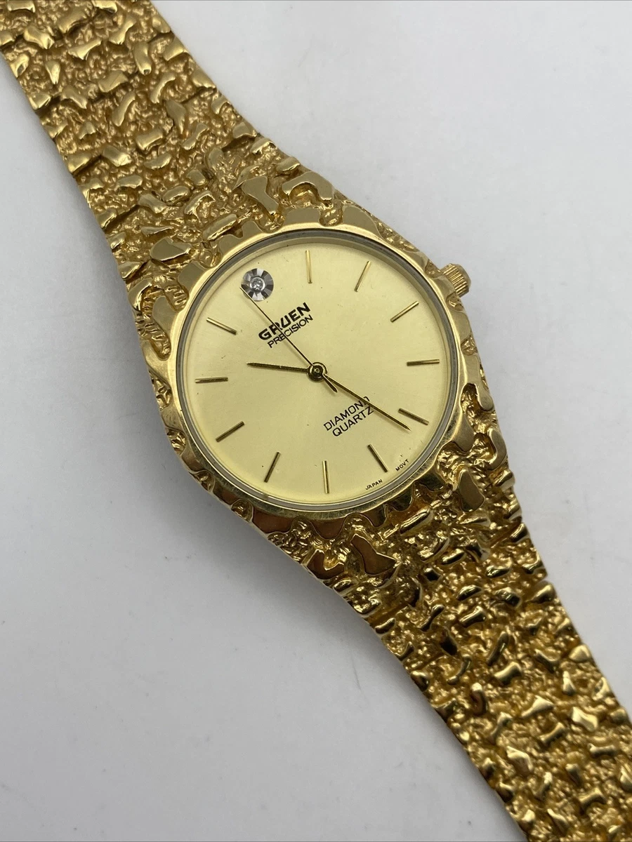 GRUEN ゴールド クォーツ時計 Gruen Diamond Precision Quartz Watch Mens Gold Tone Nugget Band