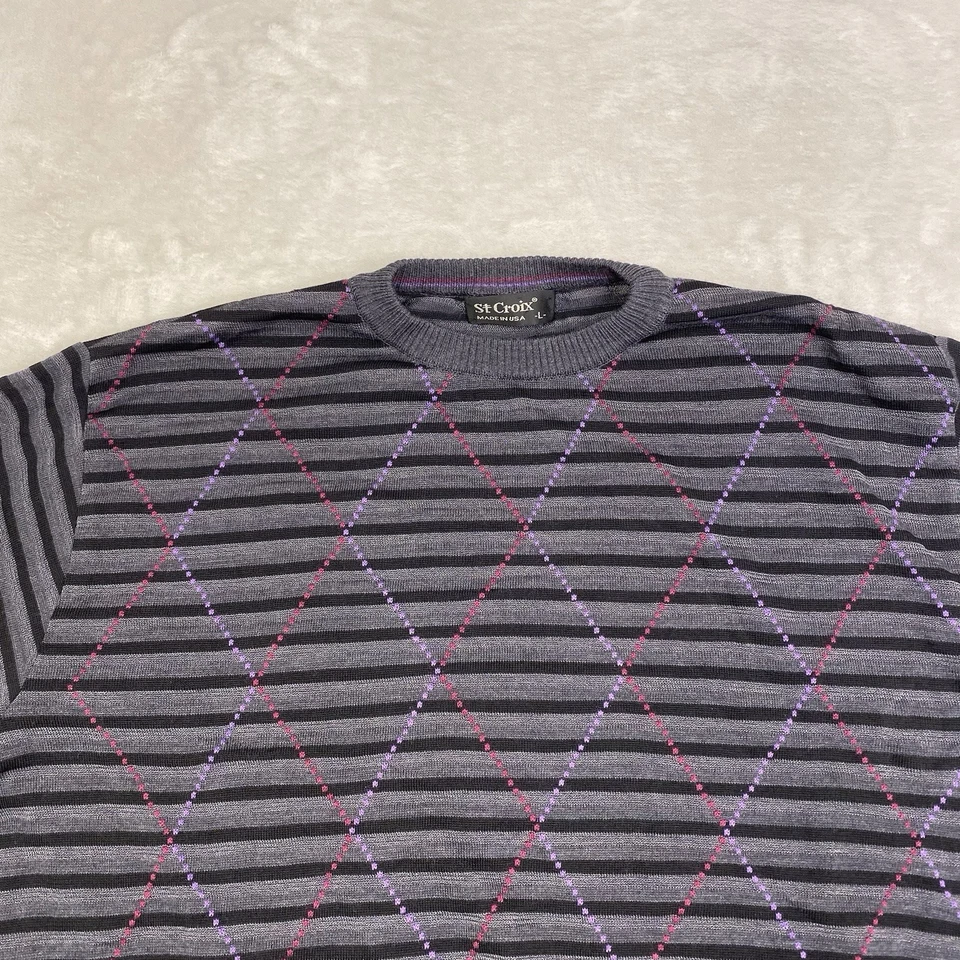 St. Croix Sweater L Wool Blend Argyle Stripe Crewneck USA Made Gray Black - Image 2 of 4