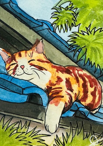 Tabby Cat ACEO Original Watercolor Painting Cozy Rooftop Illustration Art