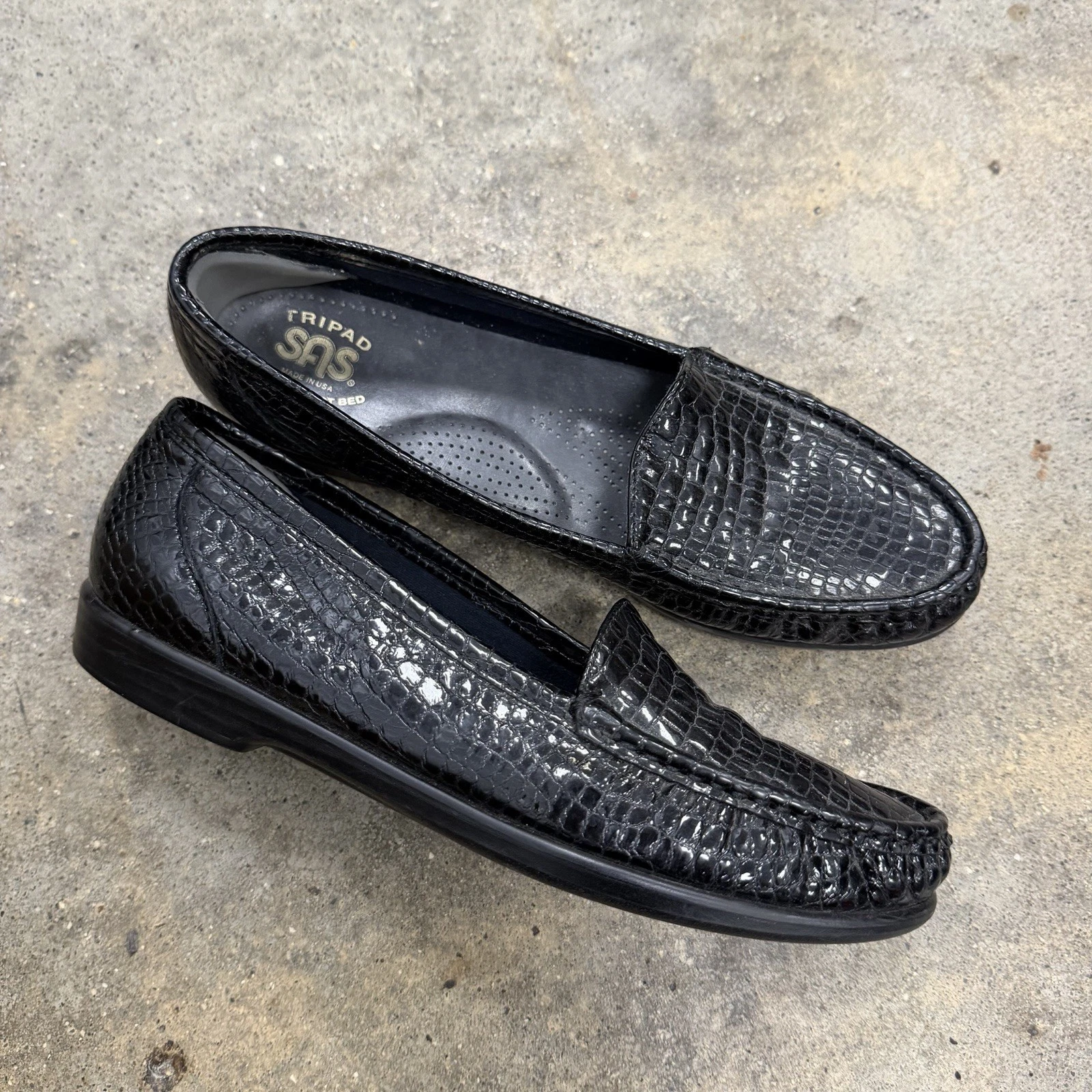 SAS Womens Shoes Black-Croc Leather Simplify Slip On Loafer Size 9.5 S