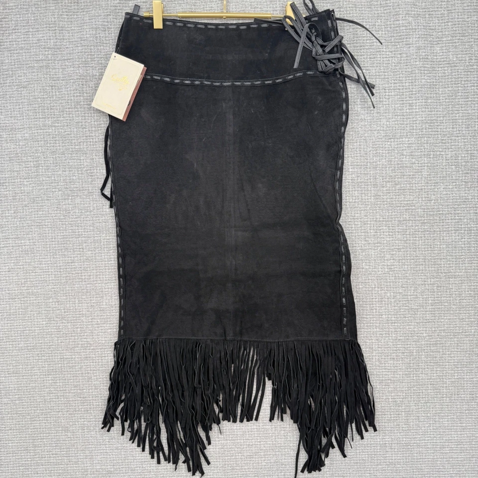 Falda Midi SScully Gamuza Flecos Talla S Western Boho Vaquera Cuero Genuino Negra Foto 3 de 4