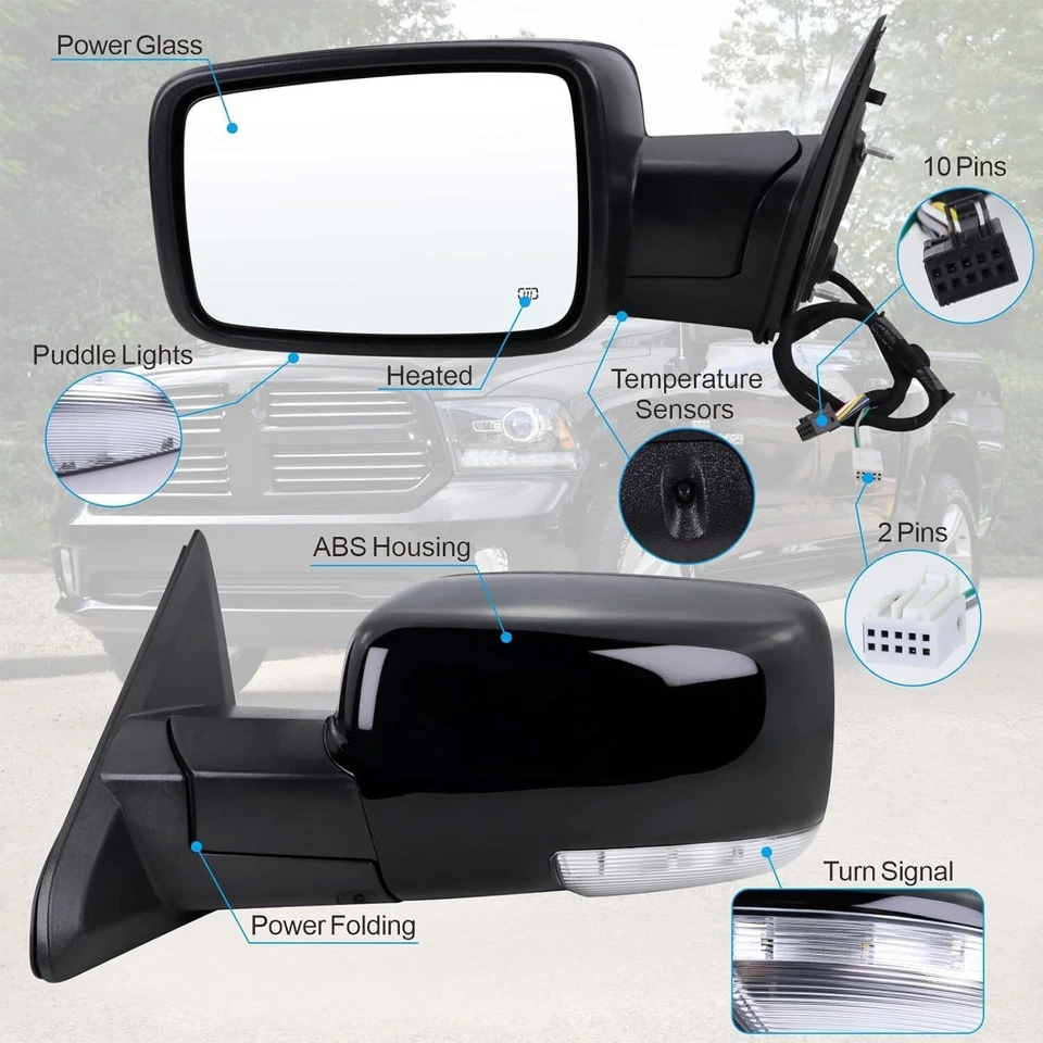 Mirrors LH+RH For 2013-2019 Ram 1500 Power Fold Power Adjust Heated Puddle Light - Image 3 of 4