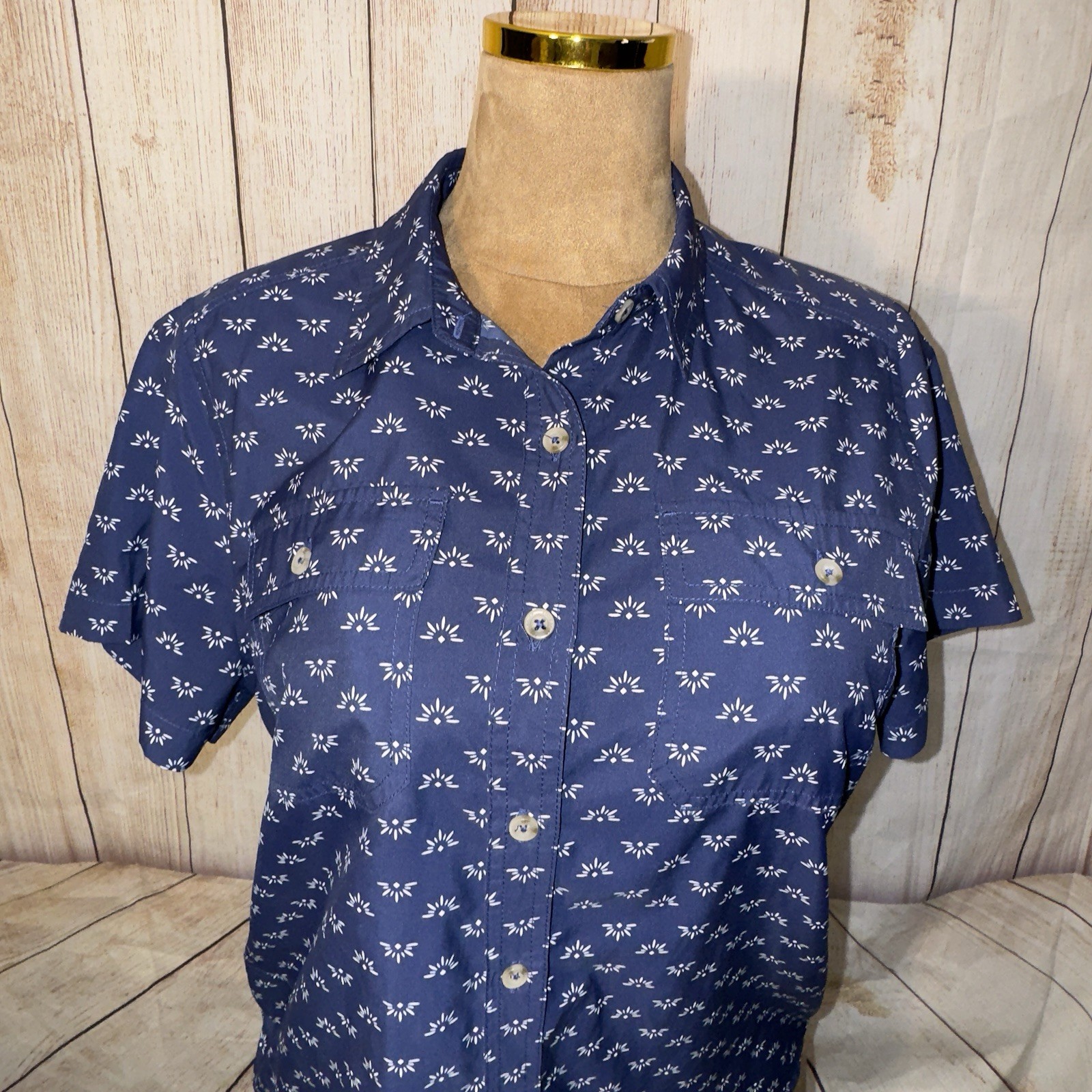 Eddie Bauer Blue Patterned Button Down Top, outdo… - image 3