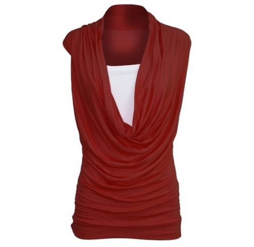 WOMENS LADIES RUCHED 2 IN 1 COWL NECK SLEEVELESS VEST T SHIRT TOP PLUS SIZE 8-22 - Picture 5 of 14
