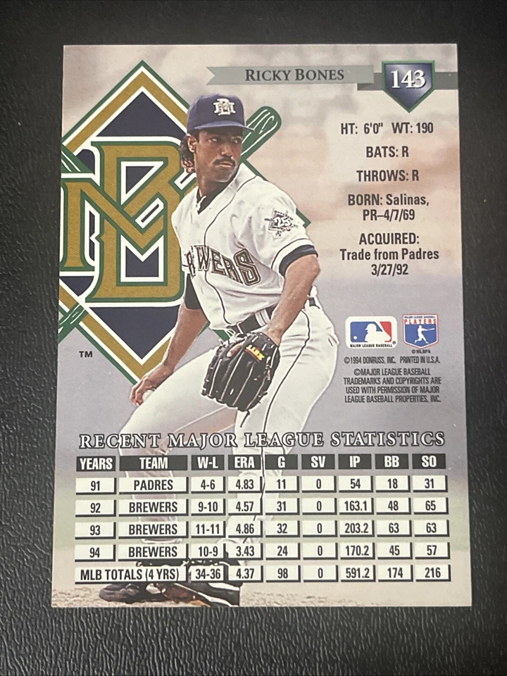 1995 Donruss - Ricky Bones #143 - Image 4 of 4