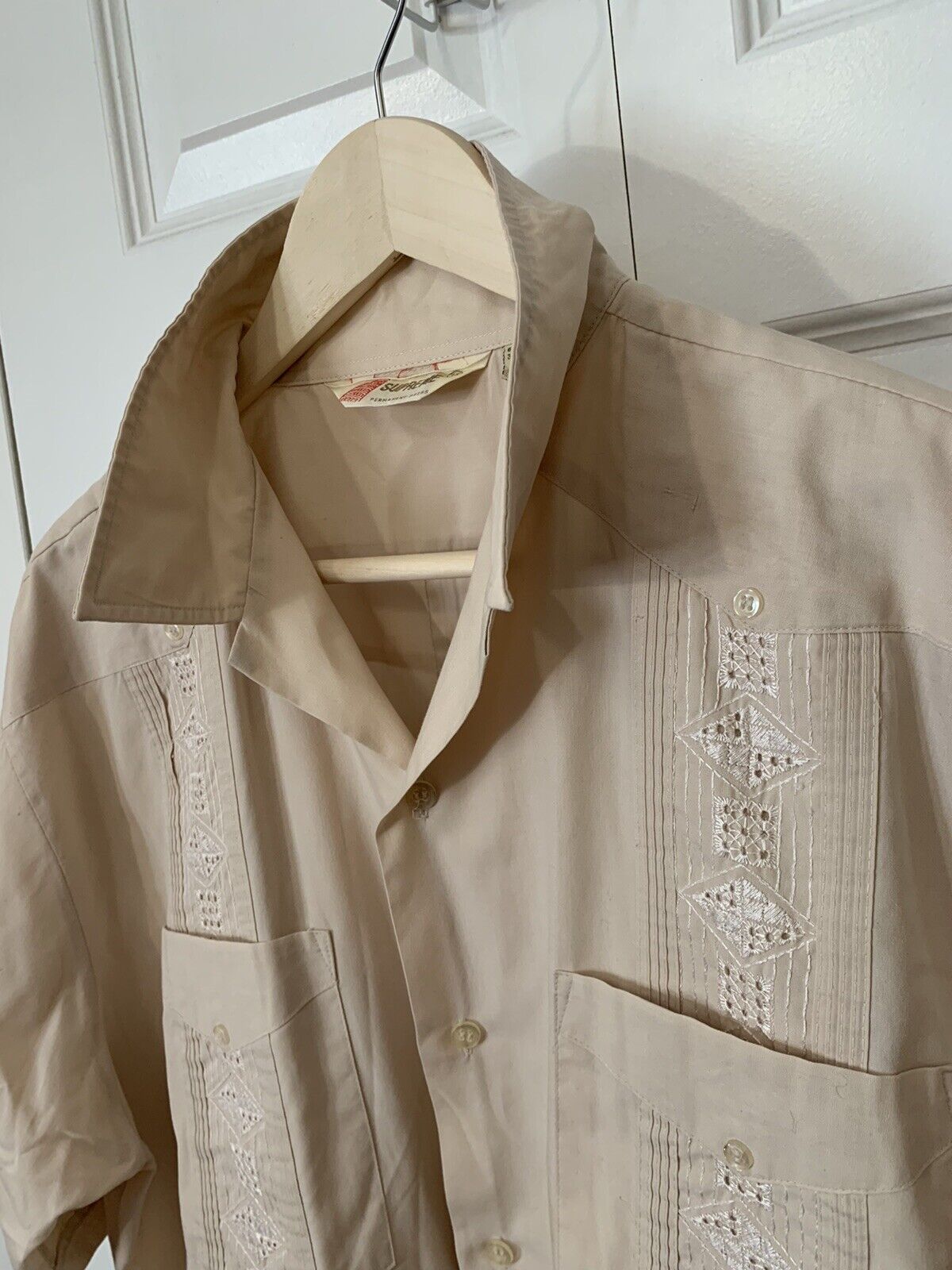 Vintage SUPREME Men's Guayabera Tan Sz 1X Embroidered Short Sleeve