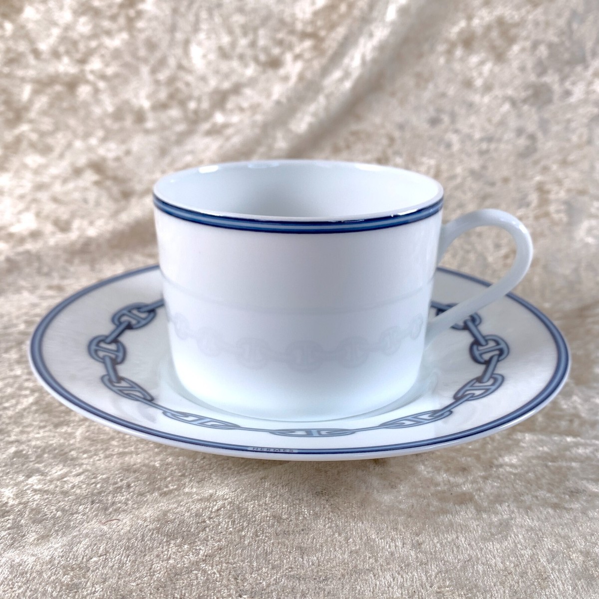 Hermes Paris Tea Cup Saucer Chaine d'Ancre Blue Porcelain