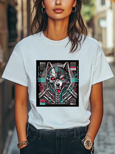 Cyber Wolf T-Shirt Mecha Wolf Hunt in the Dark Graphic Women Men Tee - Picture 2 of 5