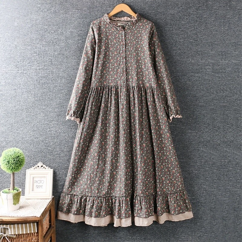 Women Floral Tunic Dress Retro Cotton Long Sleeve Midi Pastoral Mori Girl Dress - Image 3 of 4