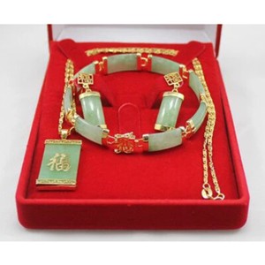 Authentic Green Jade 18K Gold Plated Bracelet Lucky Earrings Necklace Pendant Jewelry Set