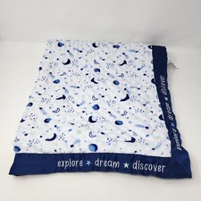 Just Born Explore Dream Discover Minky Baby Blanket Moon Stars Blue White
